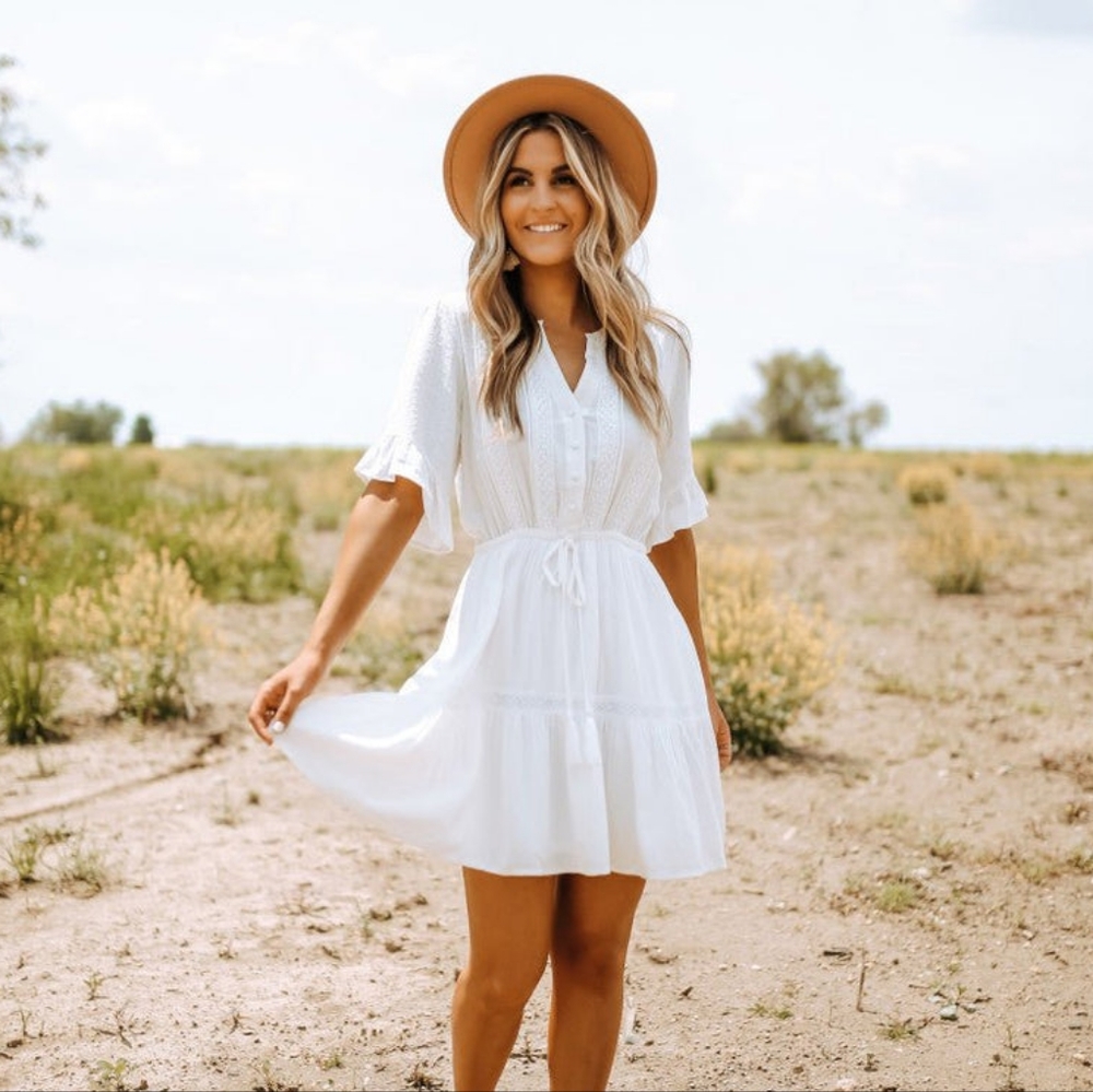 NWOT - Magnolia Boutique | White Crochet Detail Button Down Dress, Medium